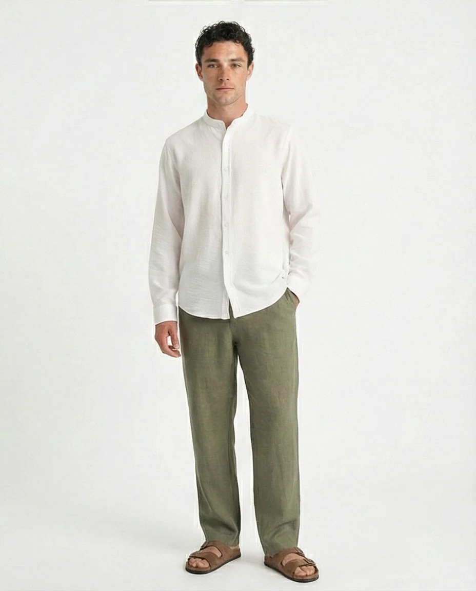 O203311 - Summer Textured Shirt with Mandarin Collar - Off-White - Image 4