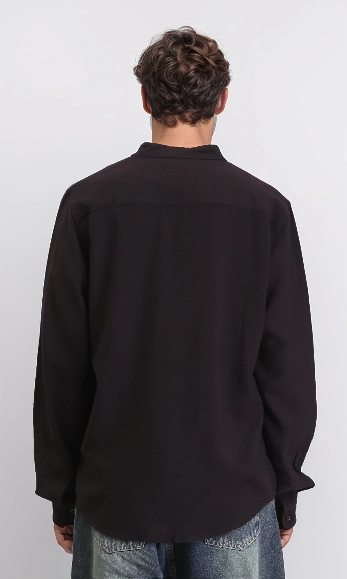 O203312 - Summer Textured Shirt with Mandarin Collar - Black - Image 2