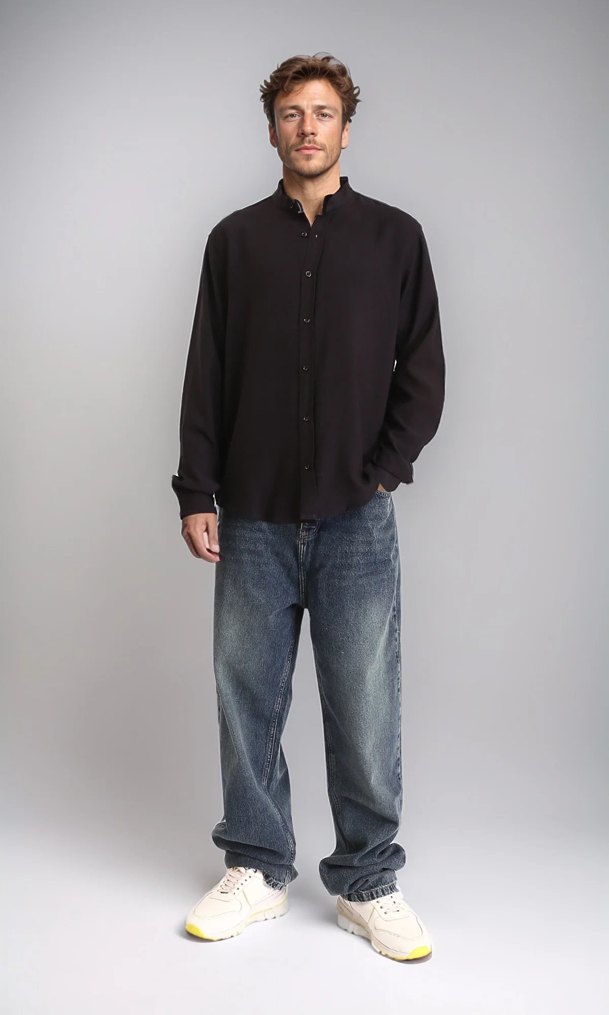 O203312 - Summer Textured Shirt with Mandarin Collar - Black - Image 4