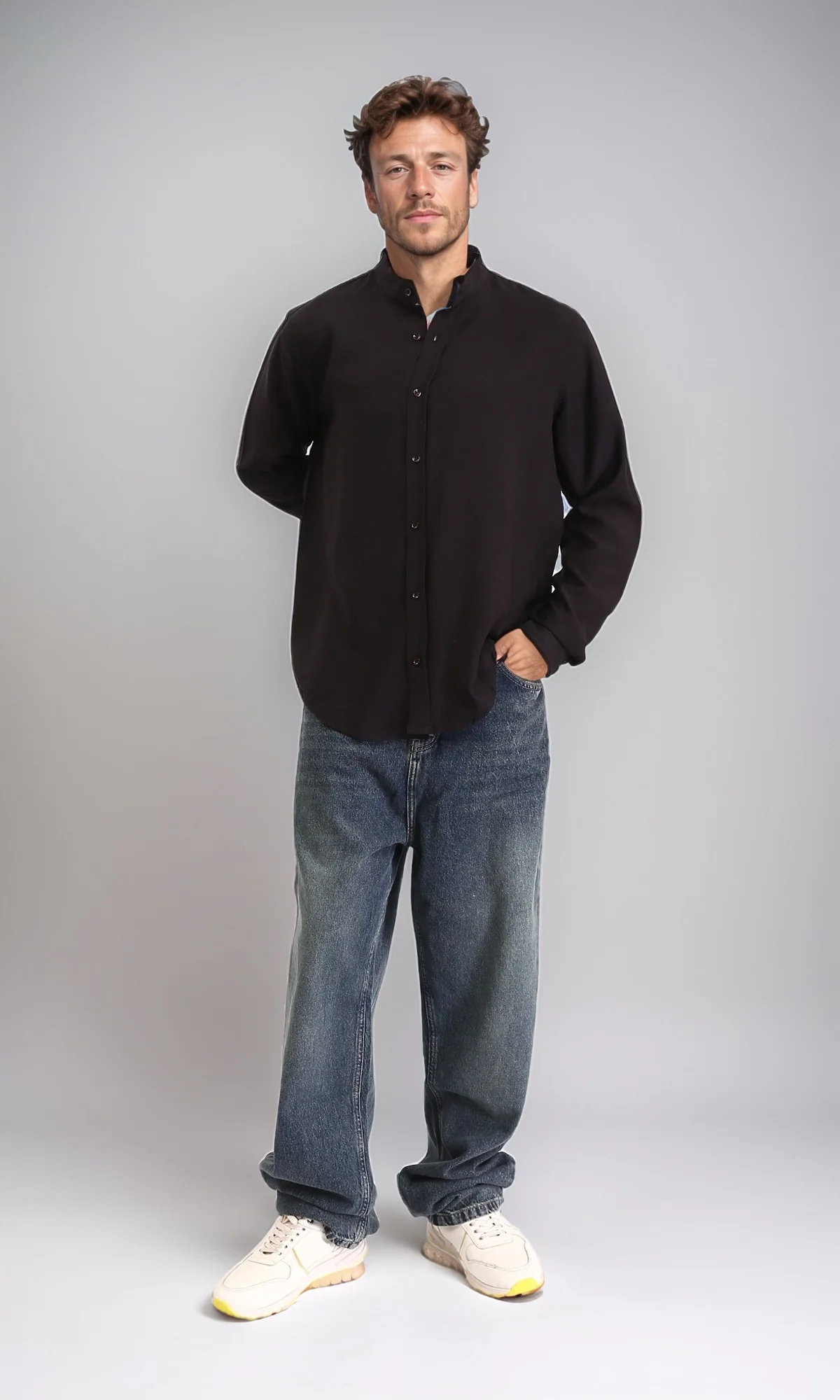 O203312 - Summer Textured Shirt with Mandarin Collar - Black - Image 5