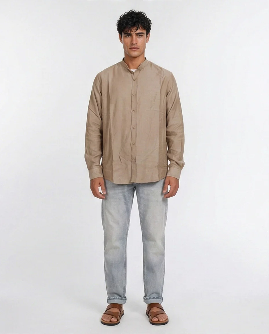 O203315 - Linen-Style Button-Up Shirt – Olive Green - Image 3