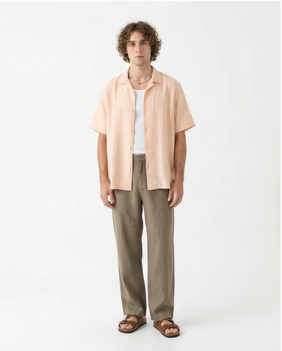 O203318 - Linen Short-Sleeve Button-Up Shirt - Beige - Image 3
