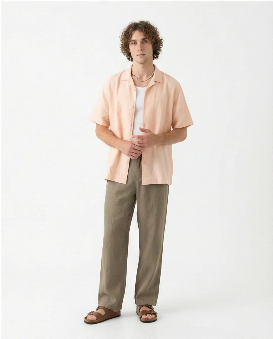 O203318 - Linen Short-Sleeve Button-Up Shirt - Beige - Image 4