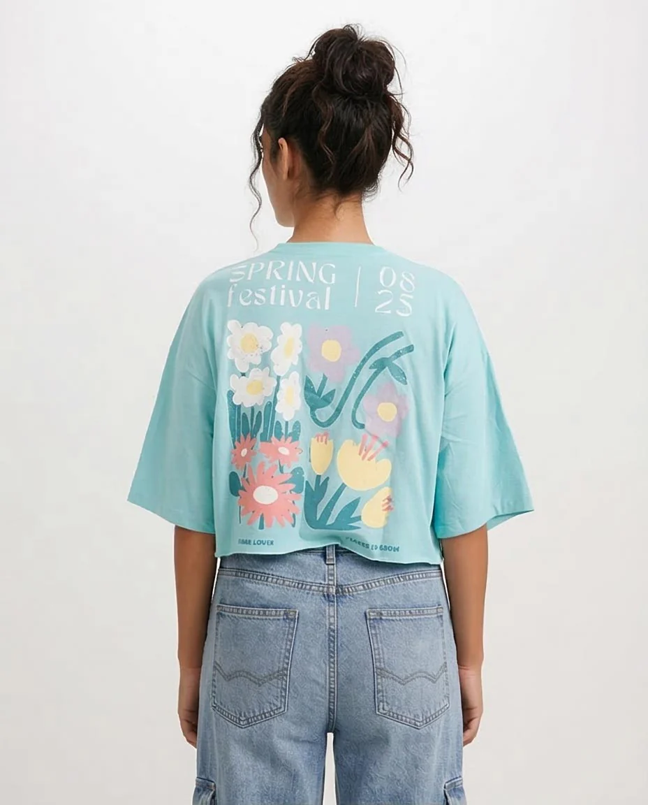 RAVIN Women’s "Spring Festival" Cropped Graphic T-Shirt - Aqua - O203337 - Image 2