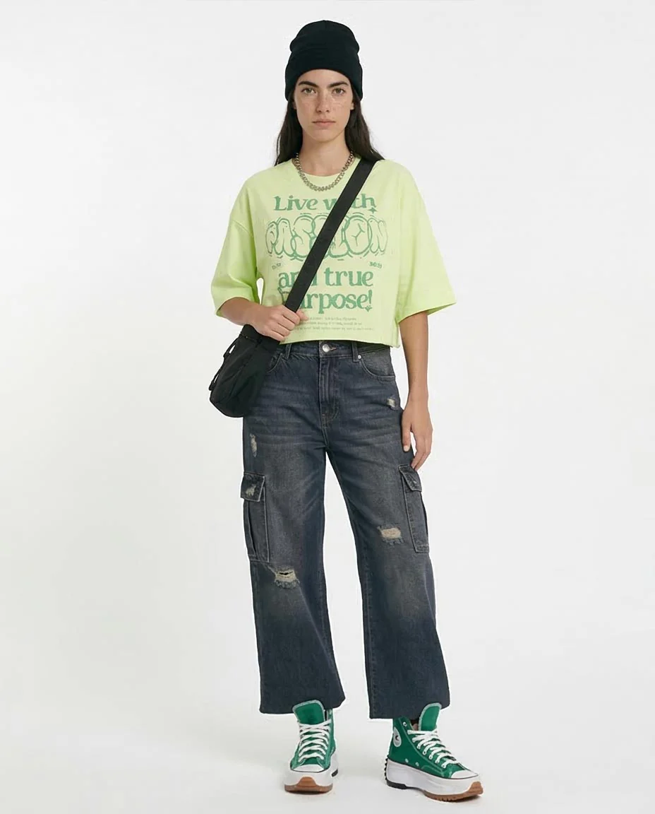 Ravin Women’s "Live with Passion" Boxy Cropped Graphic T-Shirt – Lime Green - O203340 - Image 3