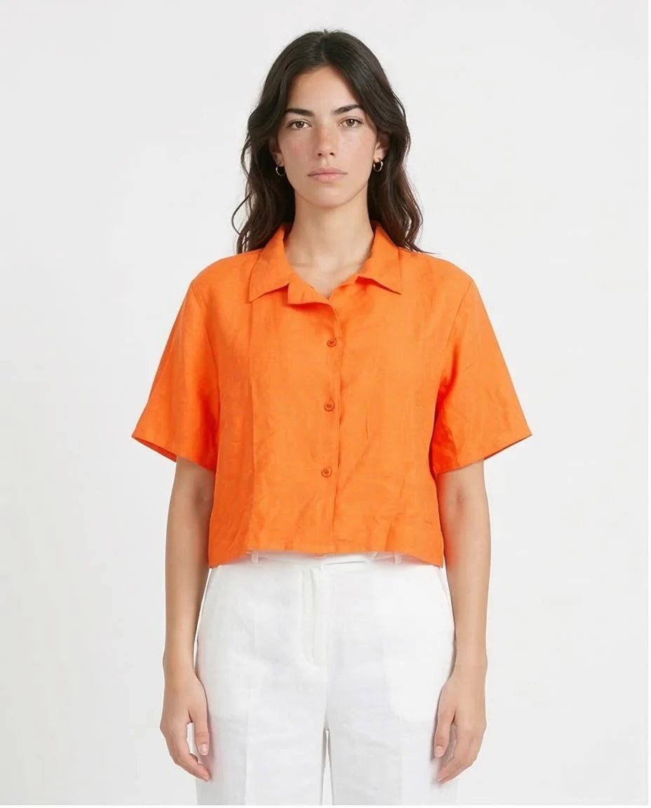 Ravin Women’s Cropped Linen-Look Short Sleeve Shirt - Neon Orange - O204336
