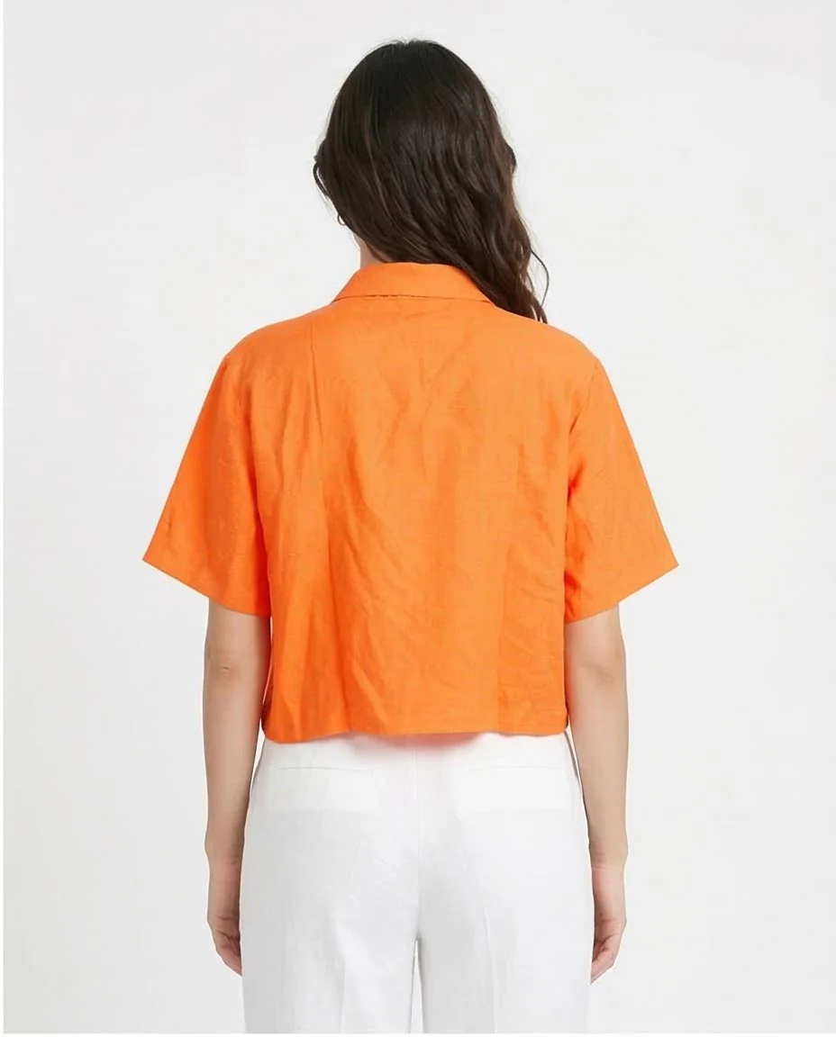 Ravin Women’s Cropped Linen-Look Short Sleeve Shirt - Neon Orange - O204336 - Image 2