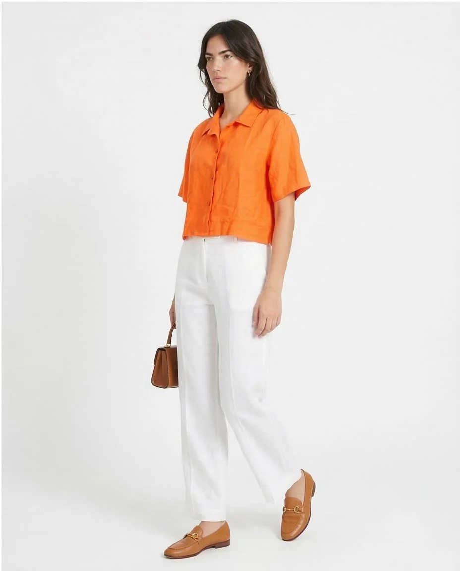 Ravin Women’s Cropped Linen-Look Short Sleeve Shirt - Neon Orange - O204336 - Image 5