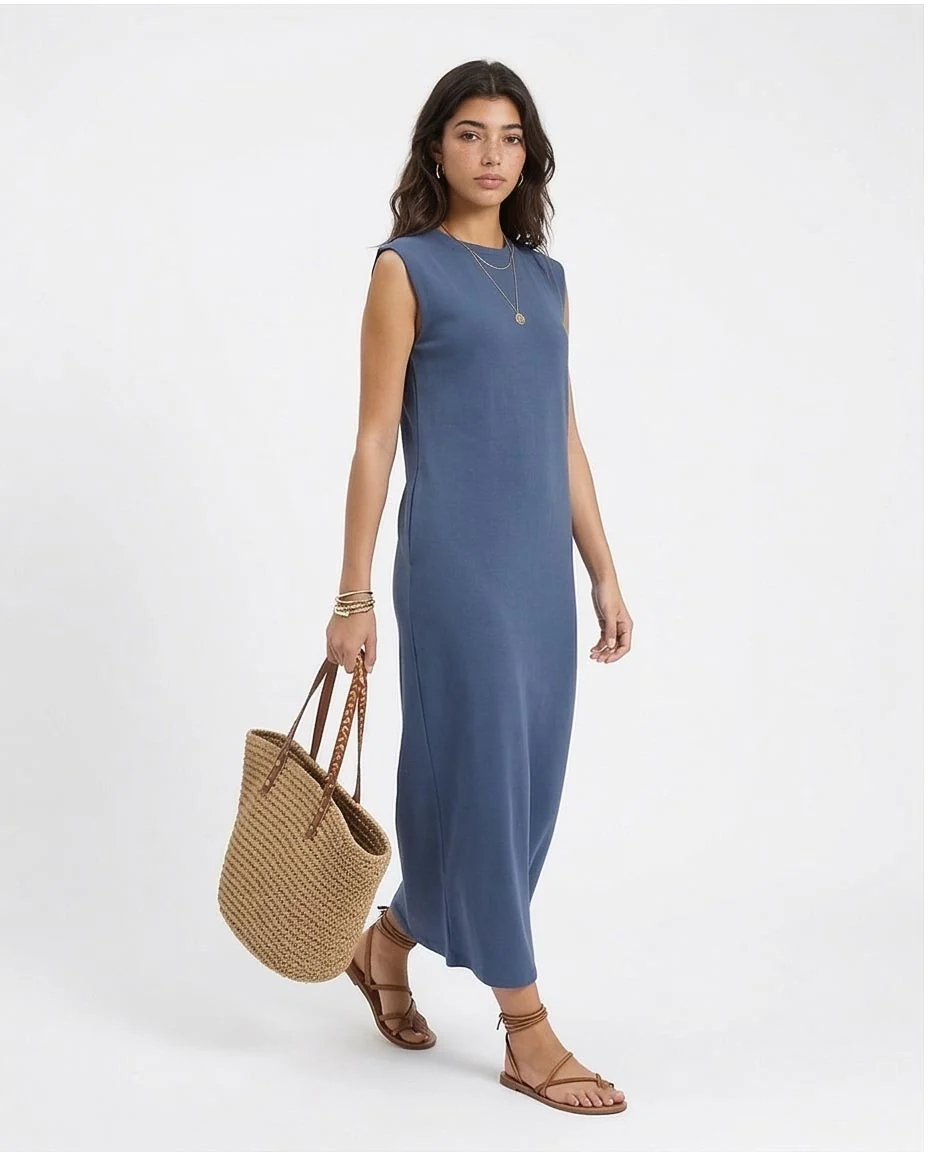 R204520 - Sleeveless Solid Slip On Maxi Dress - Steel Blue - Image 4