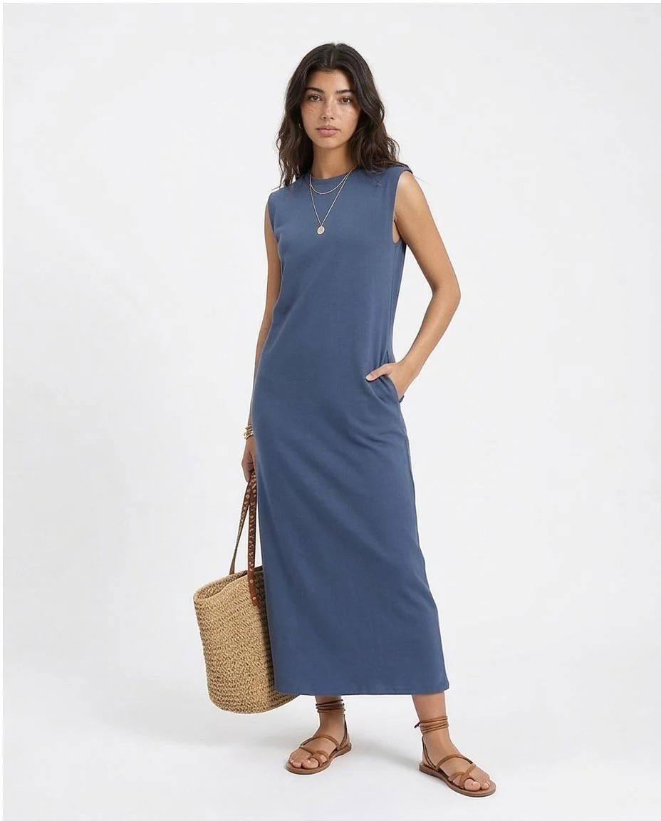 R204520 - Sleeveless Solid Slip On Maxi Dress - Steel Blue - Image 5