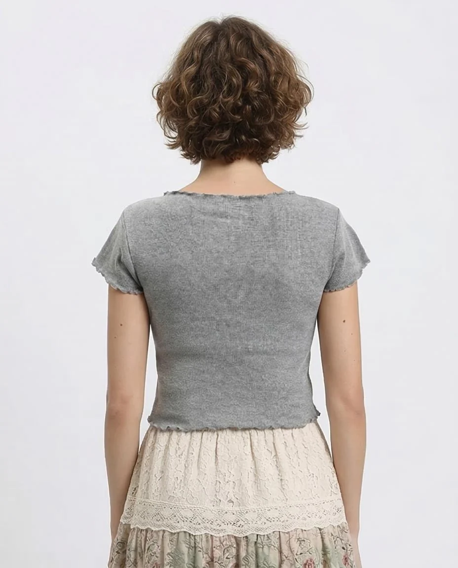Ravin Women's Metallic Lettuce-Edge Ribbed Tee – Heather Grey - R204538 - Image 2