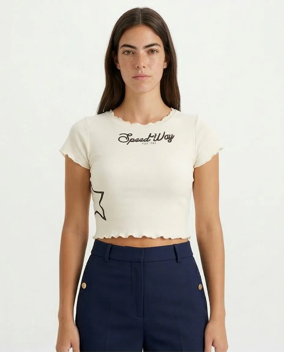Ravin Women's Lettuce-Edge "Speed Way" Graphic Crop Top - White - R204606