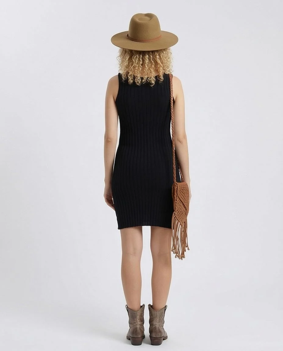 Feminine Ribbed Slip On Bodycon Dress - Black - R204689 - Image 2