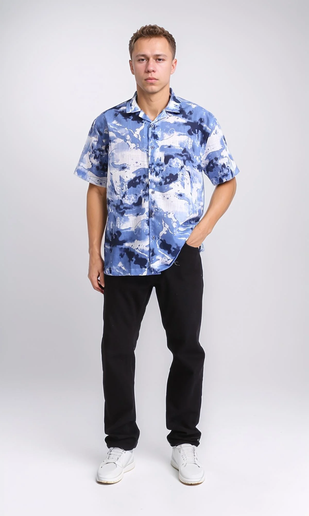 R204704 - Patterned Short Sleeves Summer Shirt - Dockside Blue & Navy Blue - Image 4