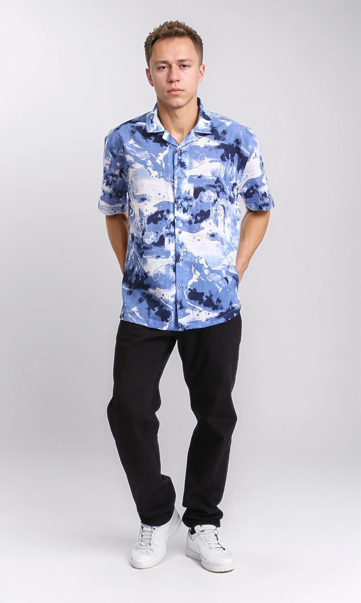 R204704 - Patterned Short Sleeves Summer Shirt - Dockside Blue & Navy Blue - Image 5