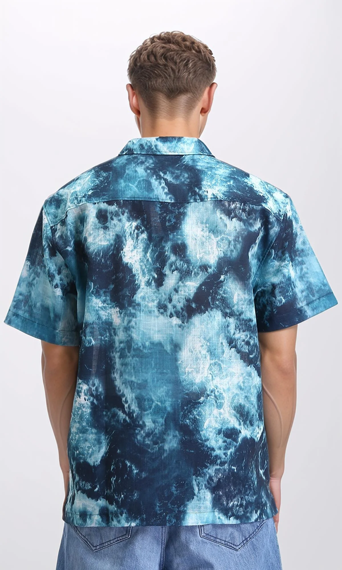 R204705 - Patterned Short Sleeves Summer Shirt - Teal & White - Image 2