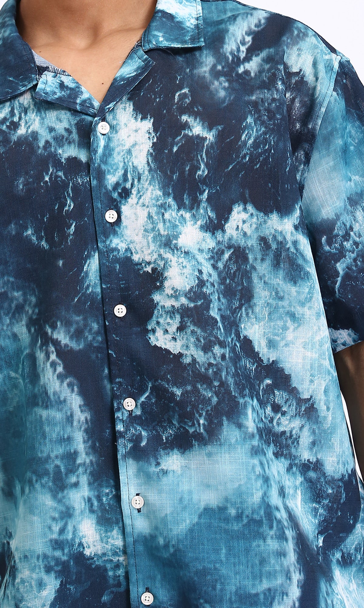 R204705 - Patterned Short Sleeves Summer Shirt - Teal & White - Image 3