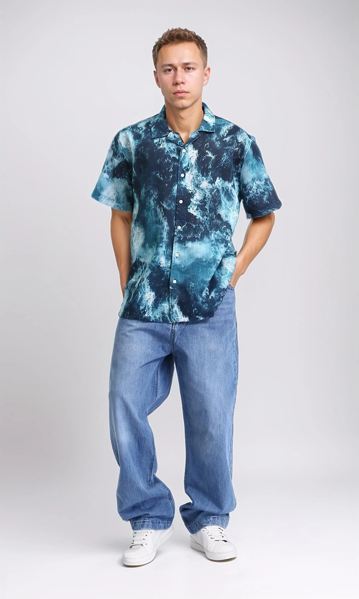 R204705 - Patterned Short Sleeves Summer Shirt - Teal & White - Image 5