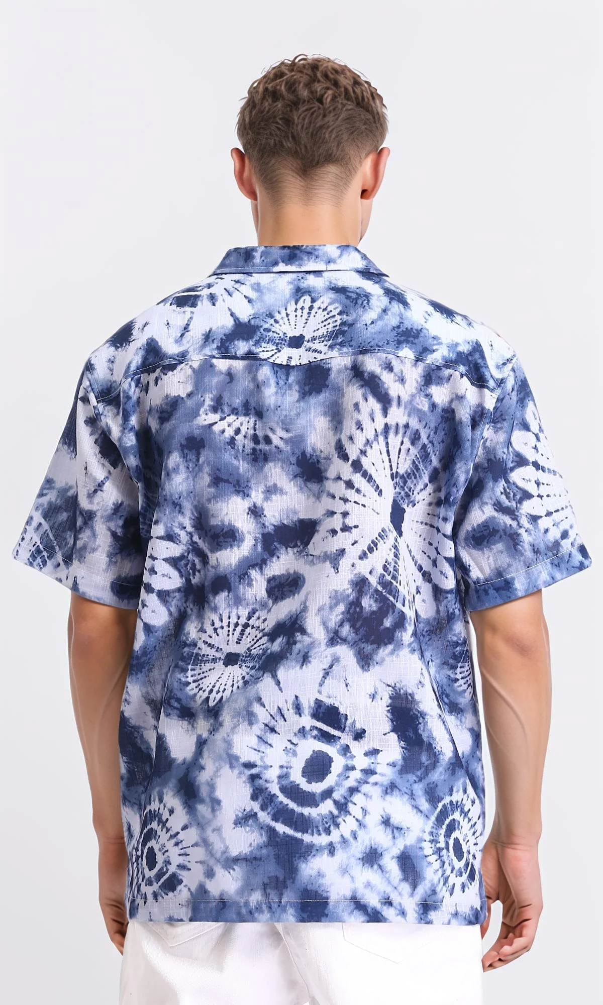 R204706 - Patterned Short Sleeves Summer Shirt - Navy Blue & White - Image 2