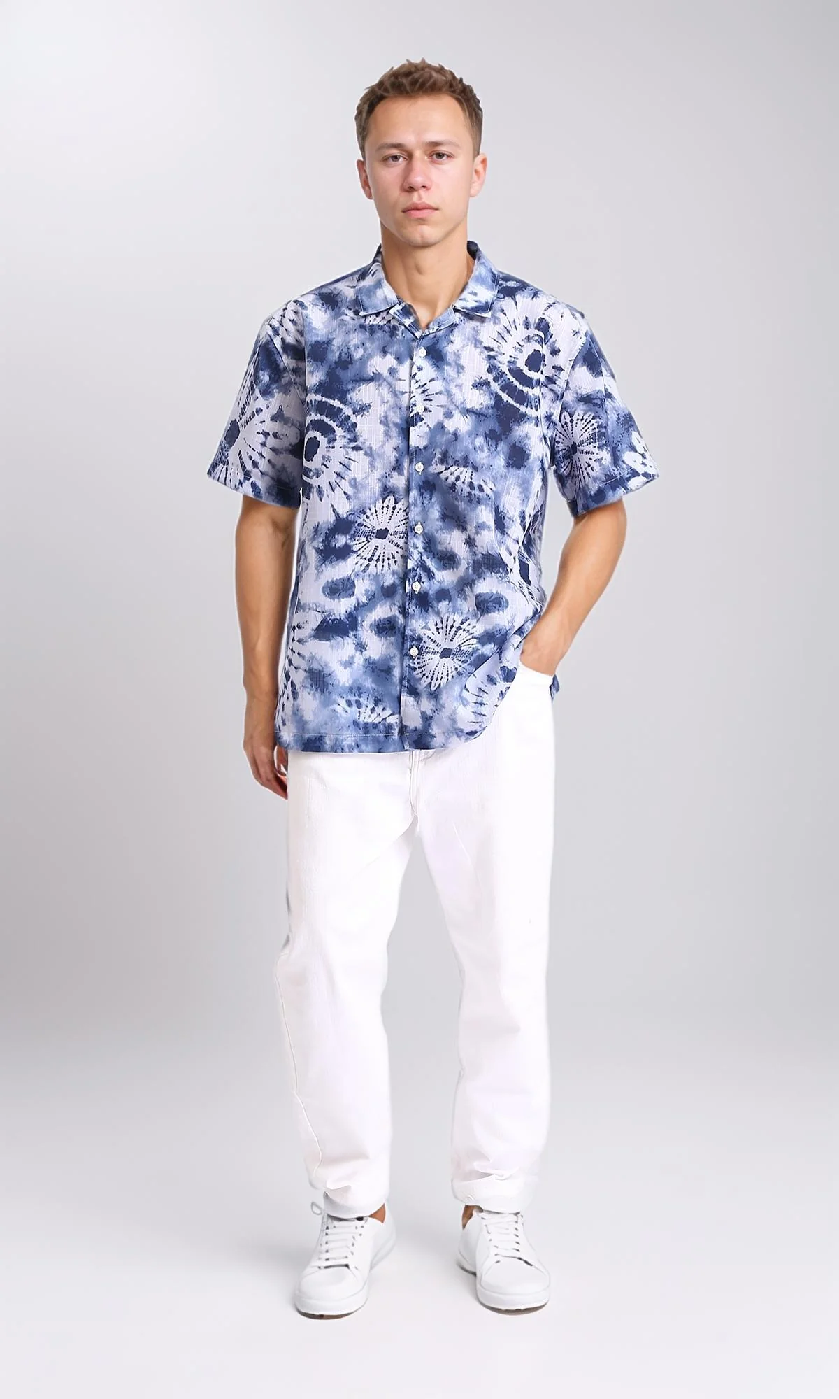 R204706 - Patterned Short Sleeves Summer Shirt - Navy Blue & White - Image 4