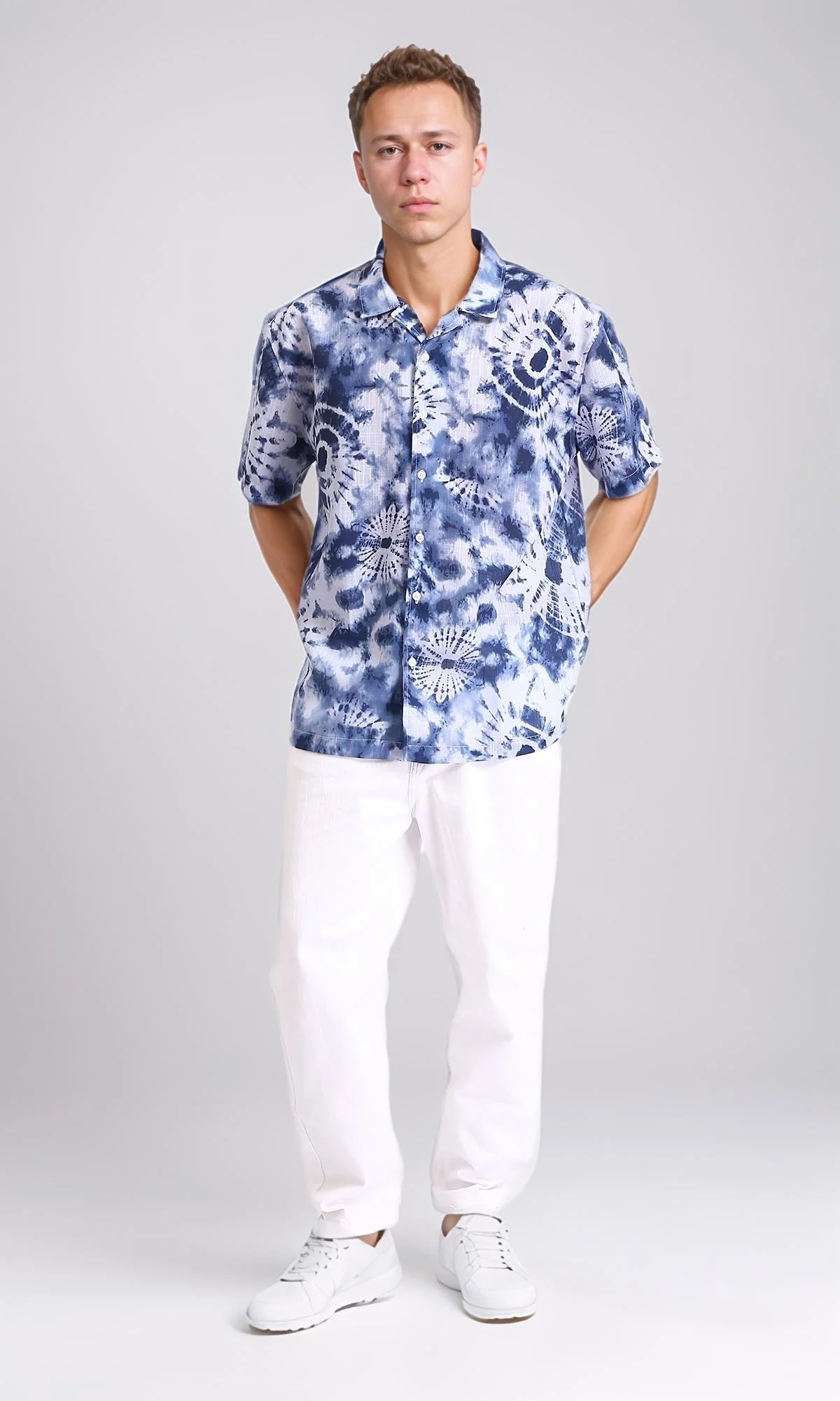 R204706 - Patterned Short Sleeves Summer Shirt - Navy Blue & White - Image 5