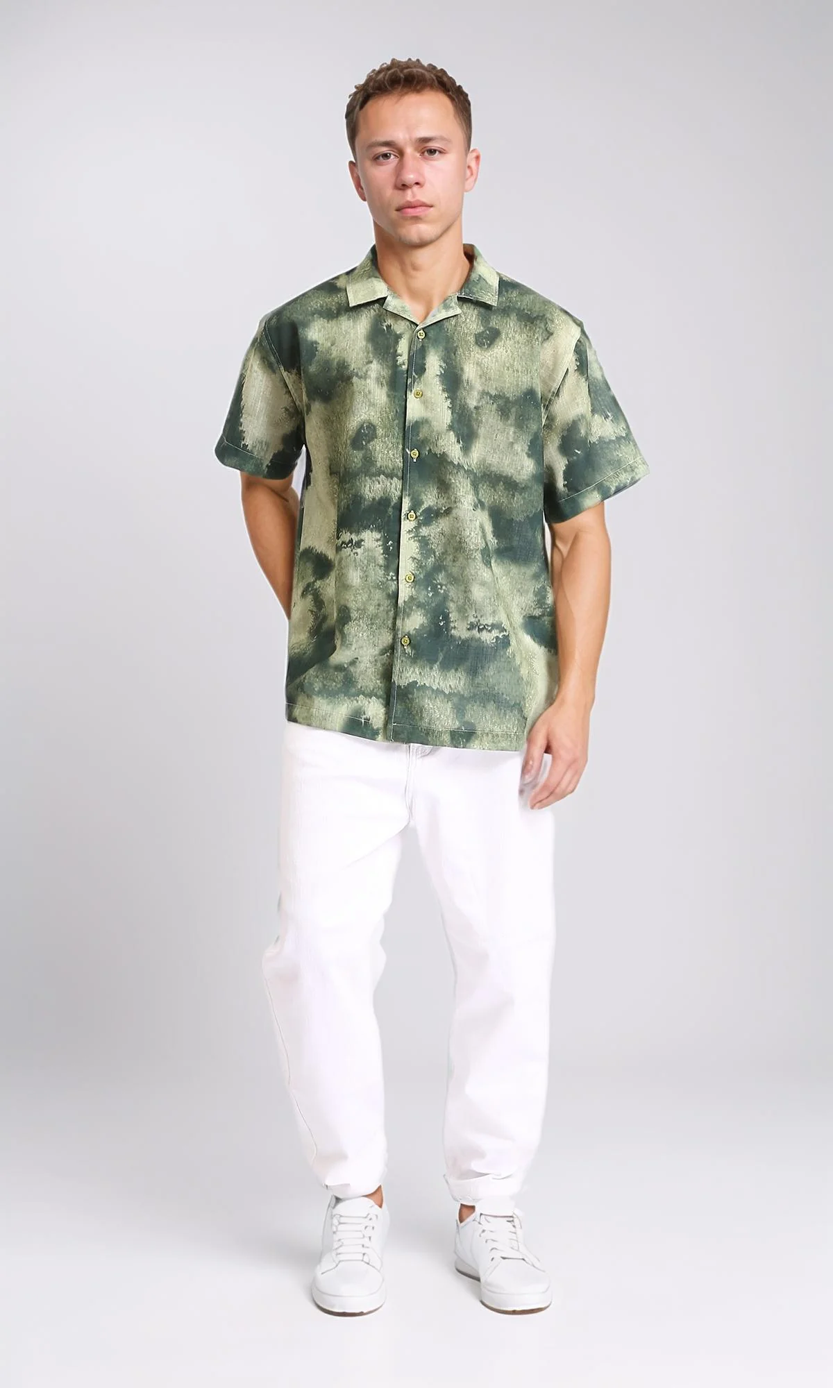 R204707 - Patterned Short Sleeves Summer Shirt - Olive & Dark Green - Image 4