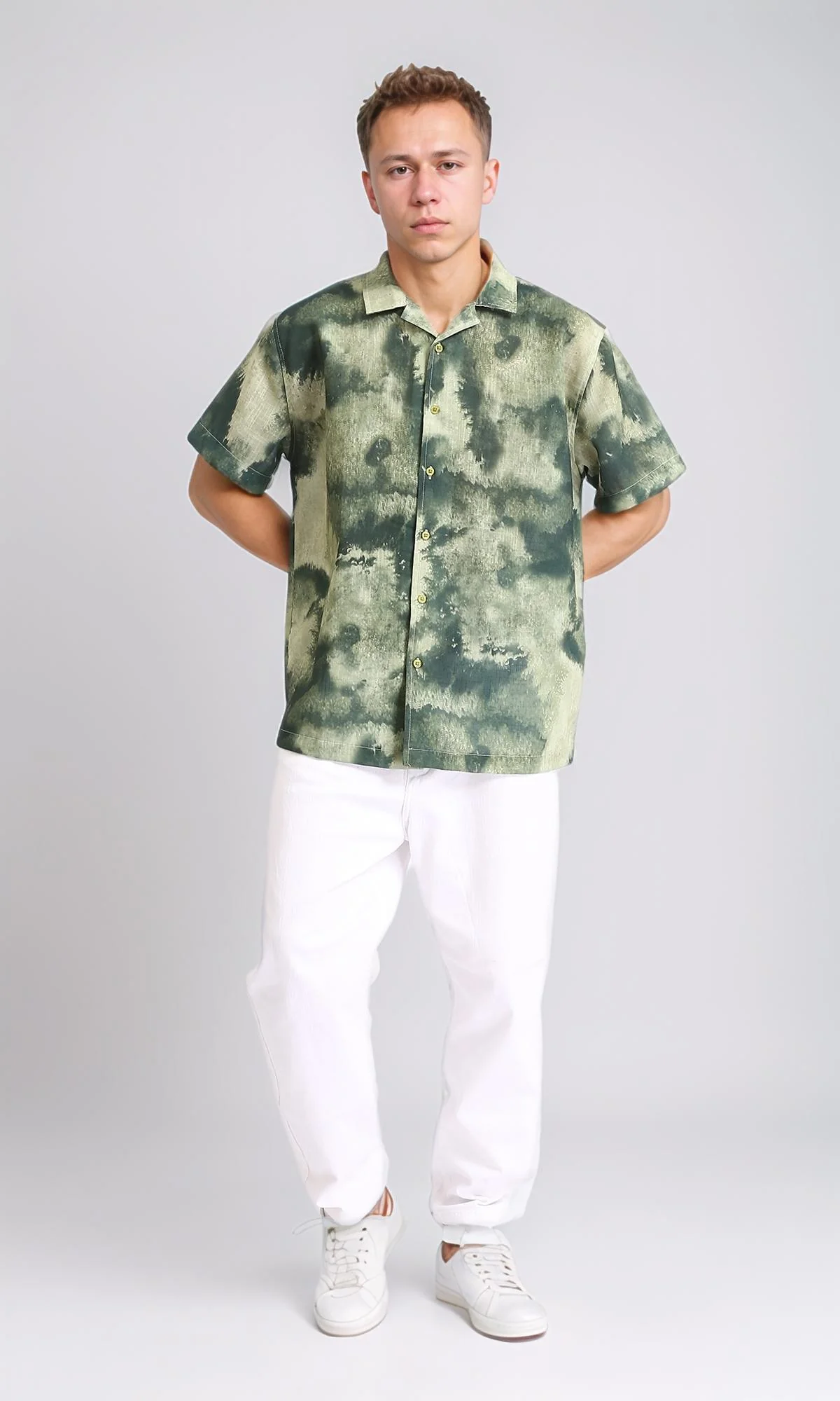 R204707 - Patterned Short Sleeves Summer Shirt - Olive & Dark Green - Image 5