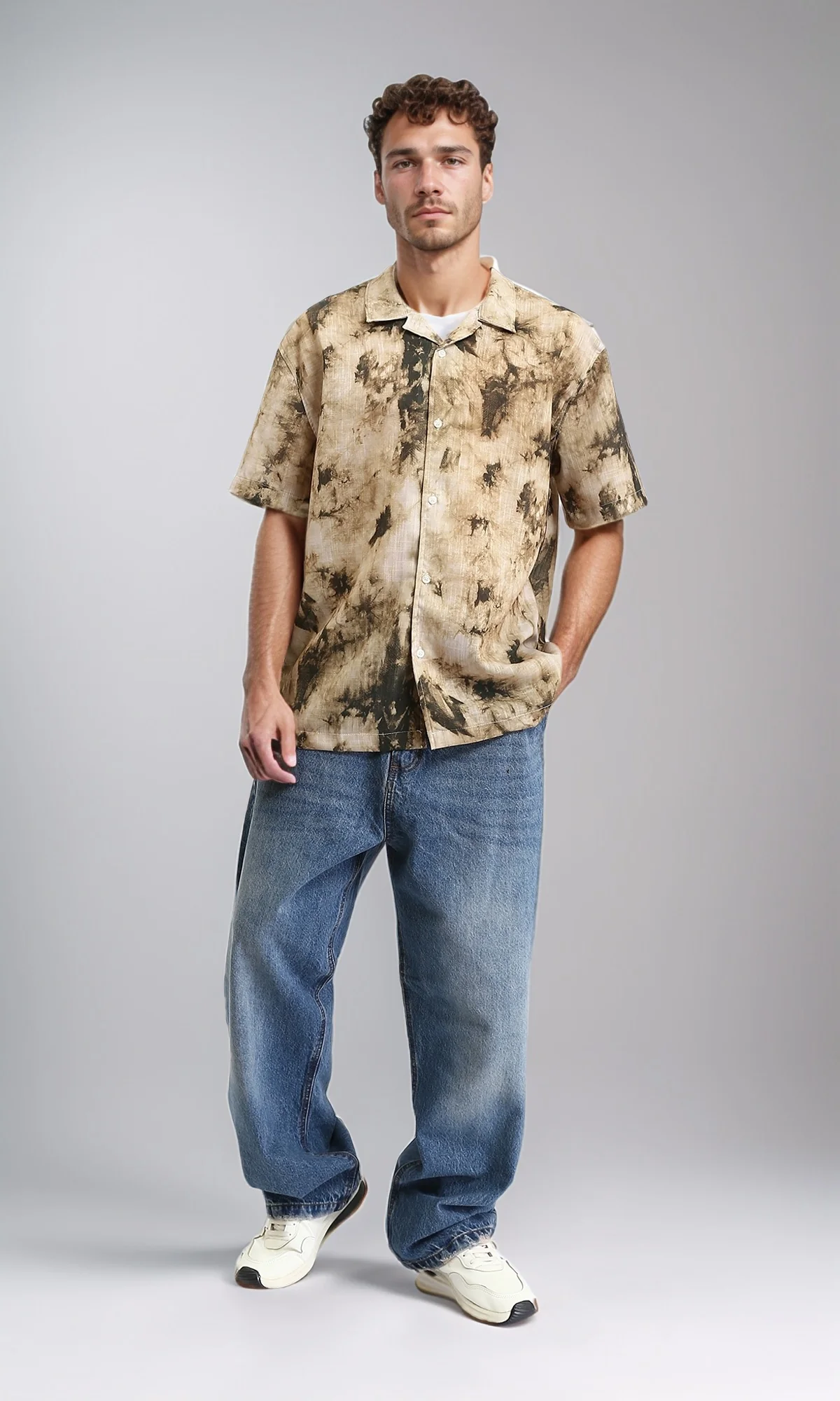 R204709 - Patterned Short Sleeves Summer Shirt - Coffee & Dark Green - Image 5