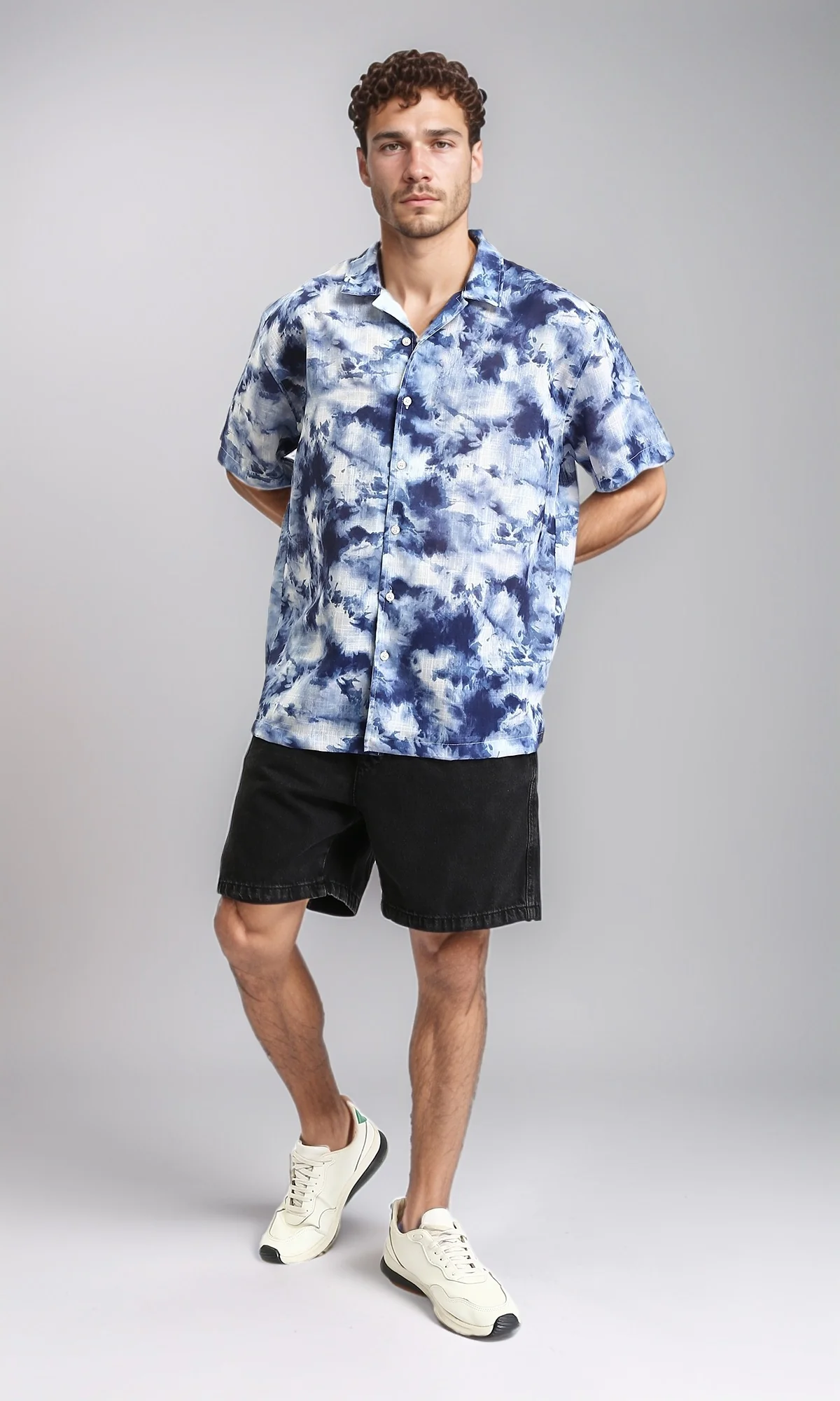 R204710 - Patterned Short Sleeves Summer Shirt - Navy Blue & Light Blue - Image 5