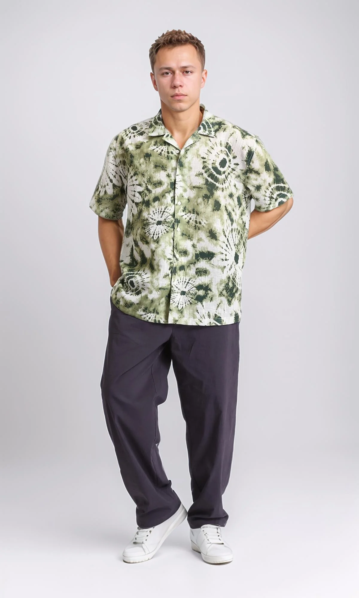 R204711 - Patterned Short Sleeves Buttoned Shirt - Olive & Dark Green - Image 4