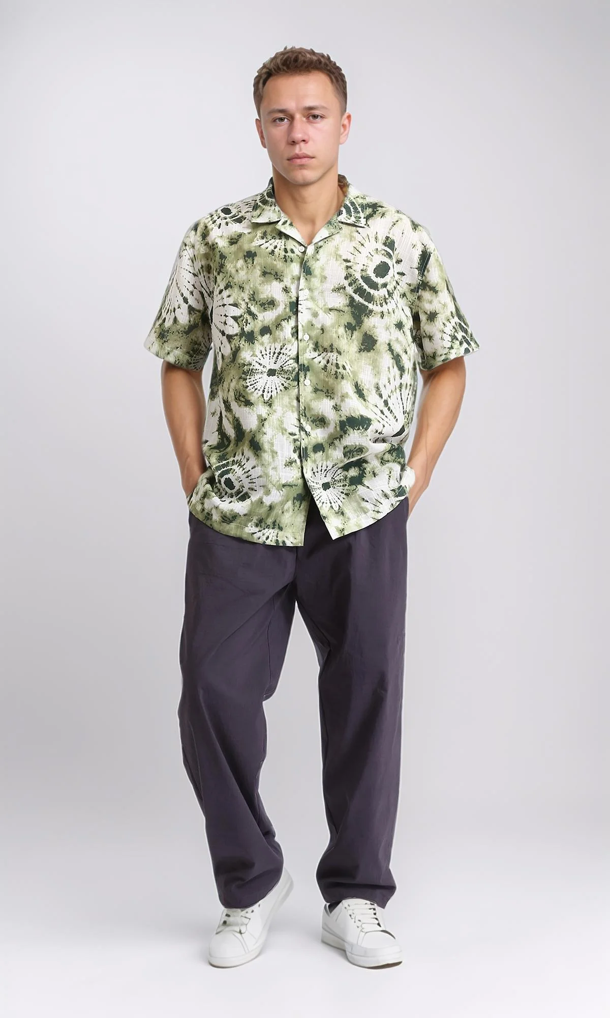 R204711 - Patterned Short Sleeves Buttoned Shirt - Olive & Dark Green - Image 5