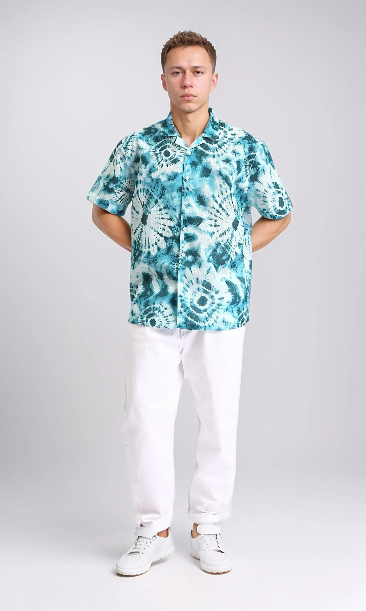 R204712 - Patterned Short Sleeves Summer Shirt - Sky Blue & Dark Green - Image 4