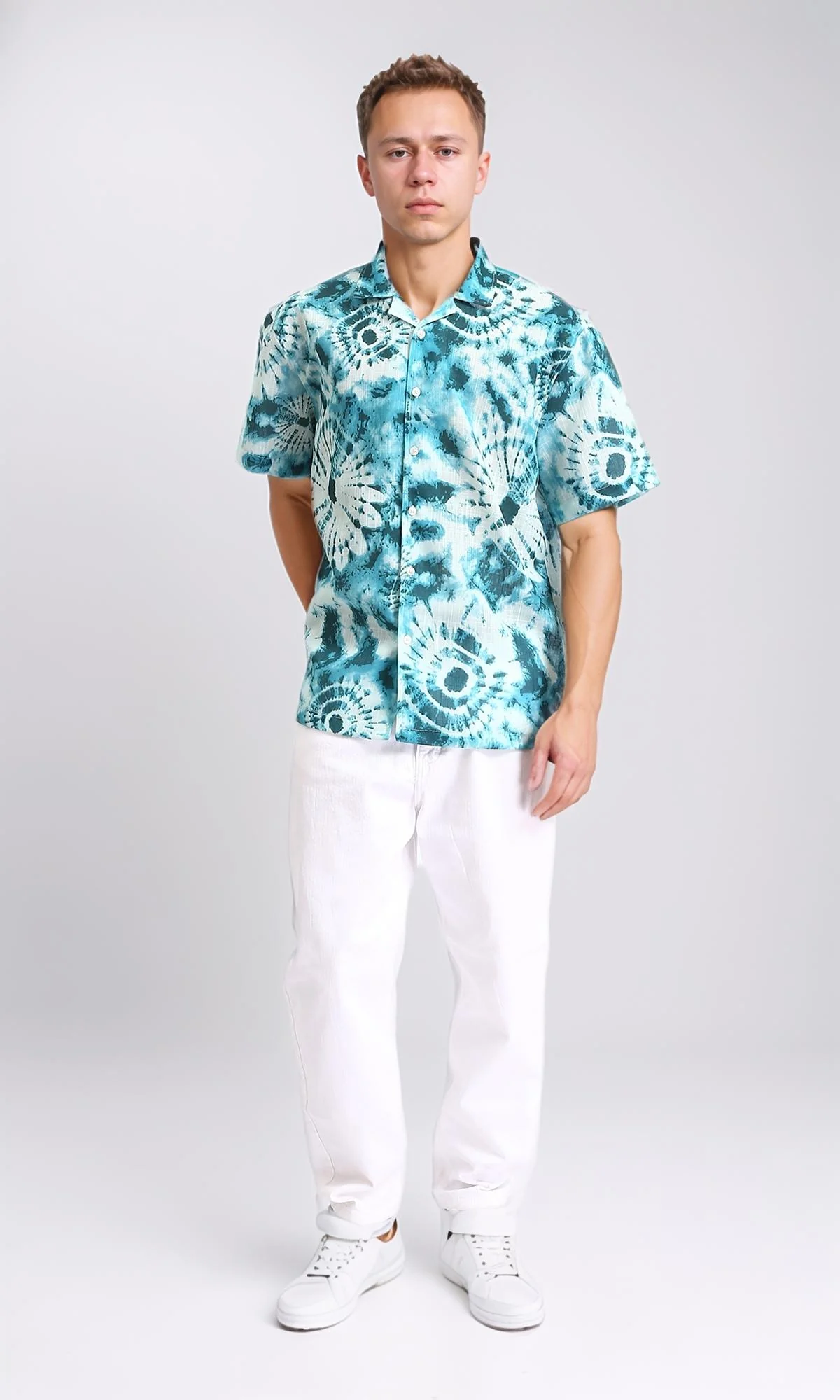 R204712 - Patterned Short Sleeves Summer Shirt - Sky Blue & Dark Green - Image 5