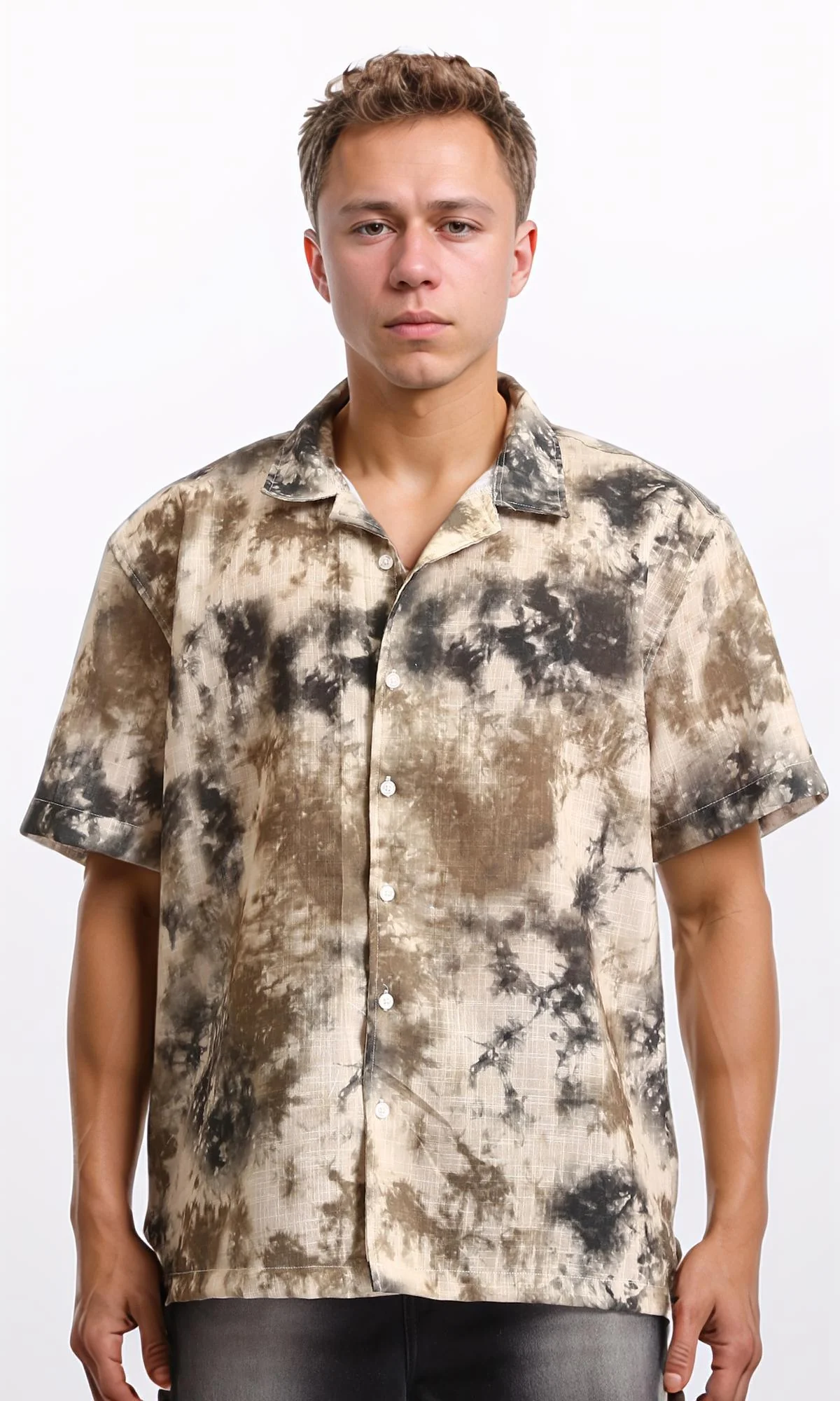 R204713 - Patterned Short Sleeves Summer Shirt - Black & Brown