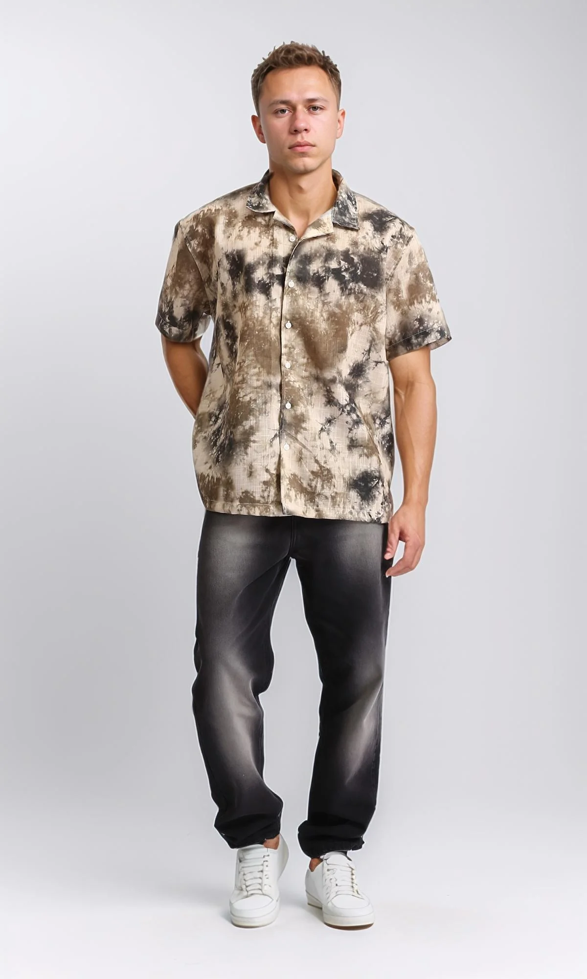 R204713 - Patterned Short Sleeves Summer Shirt - Black & Brown - Image 4