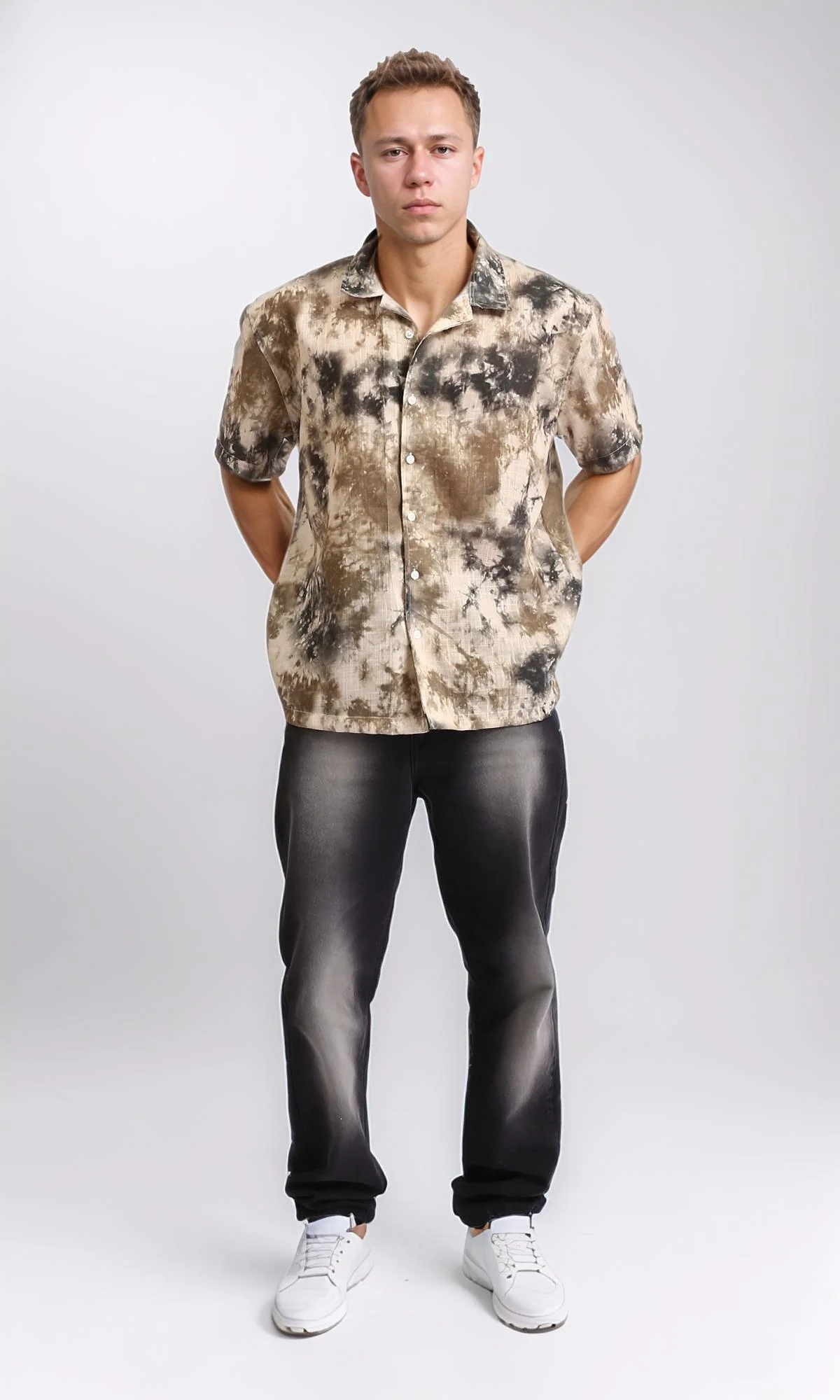 R204713 - Patterned Short Sleeves Summer Shirt - Black & Brown - Image 5