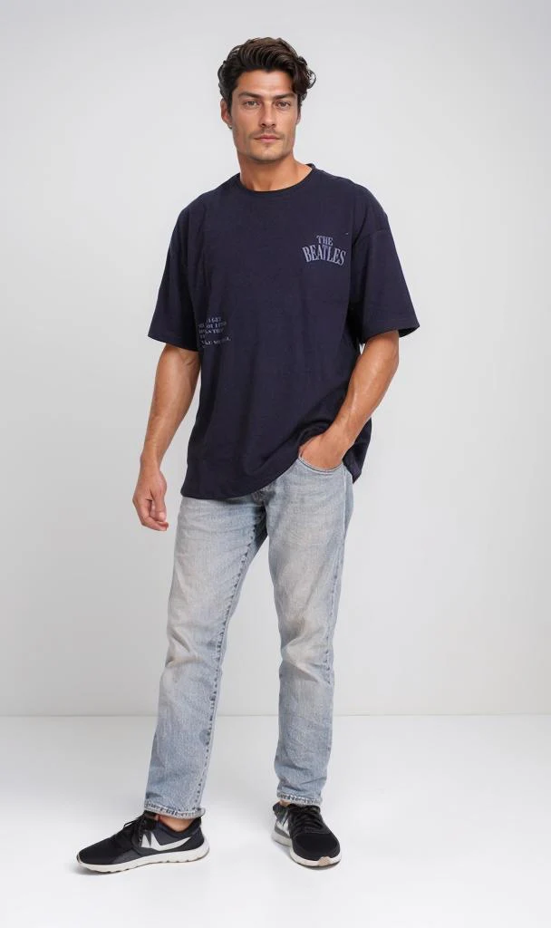R204831 - Beatles Graphic Oversized T-Shirt – Navy Blue - Image 4
