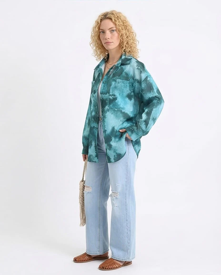 Ravin Oversized Abstract Print Button-Down Shirt – Teal & Forest Green - R204841 - Image 5
