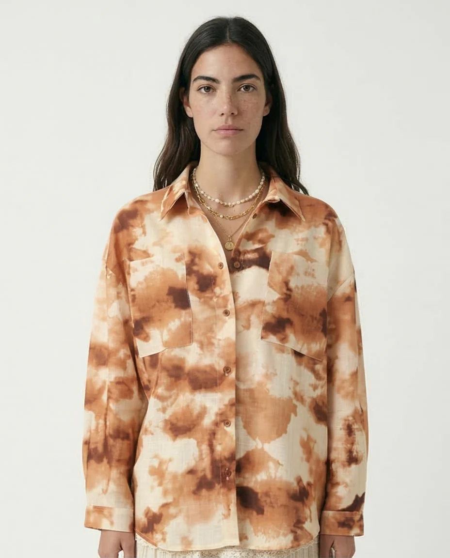Ravin Oversized Textured Tie-Dye Shirt in Terracotta & Cream - R204843