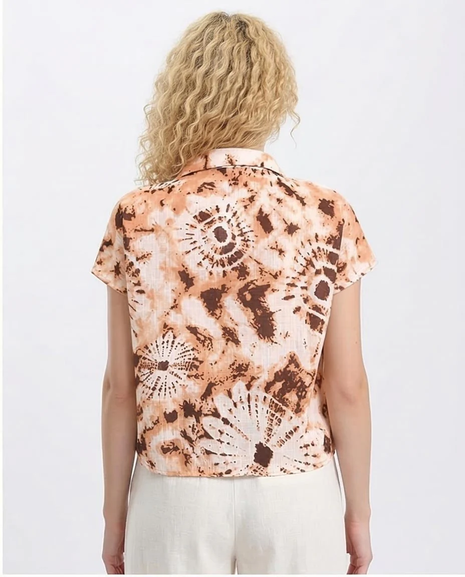 Ravin Women’s Earth-Tone Radial Tie-Dye Short Sleeve Linen-Look Shirt - Brown & Light Orange - R204845 - Image 2