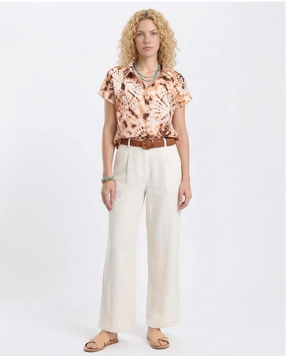 Ravin Women’s Earth-Tone Radial Tie-Dye Short Sleeve Linen-Look Shirt - Brown & Light Orange - R204845 - Image 3