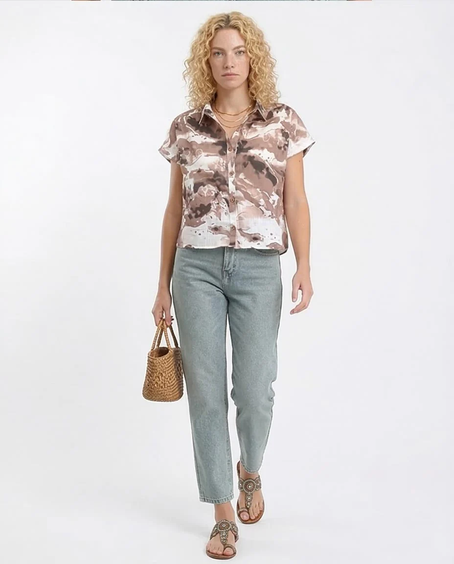 Ravin Women’s Abstract Earth-Tone Marble Print Button-Down Shirt – Craft Romantic Edition - Brown & Light Coffee - R204847 - Image 5