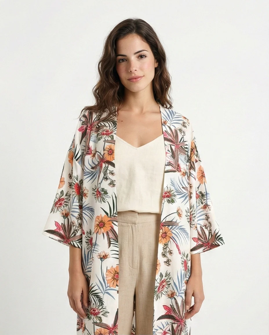 R204861 - Floral Slip On Long Cardigan - White & Orange - Image 3