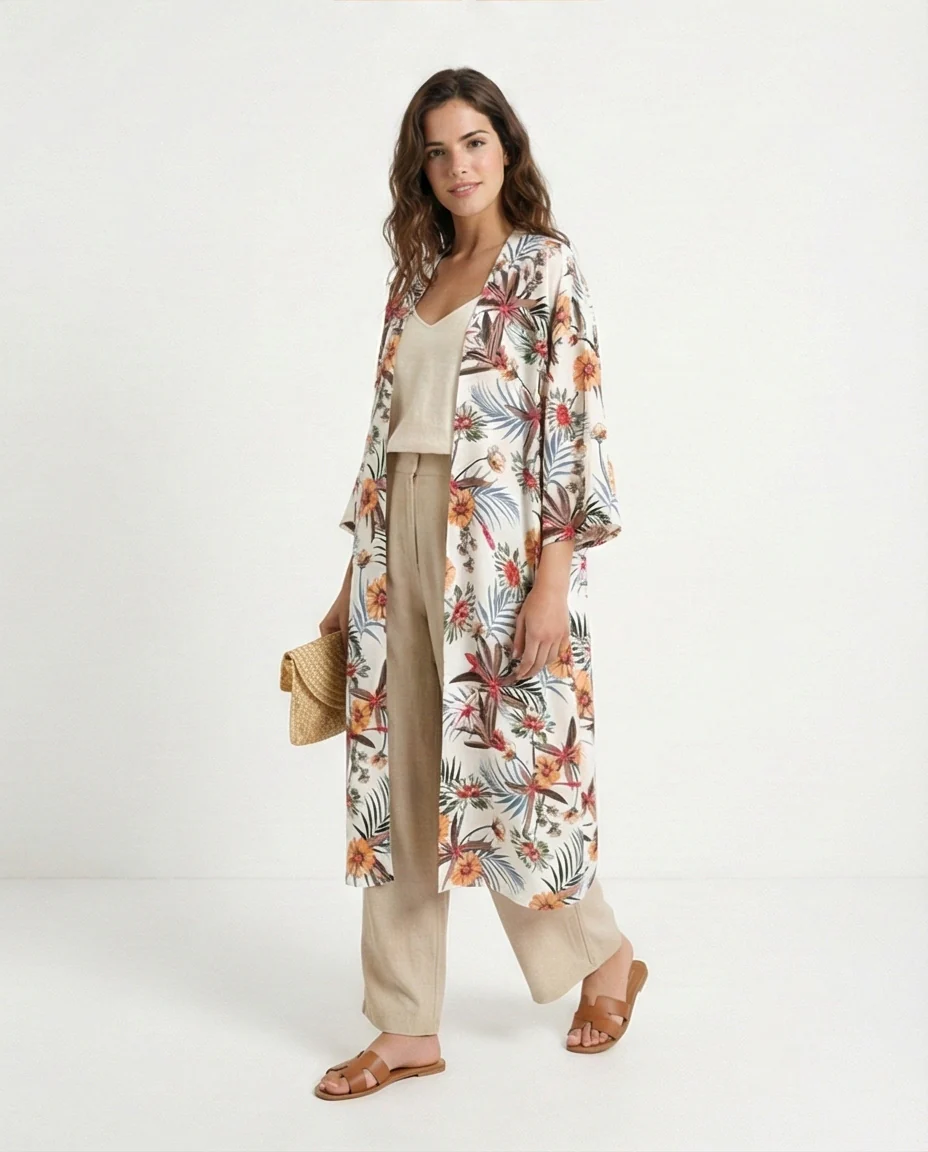 R204861 - Floral Slip On Long Cardigan - White & Orange - Image 5