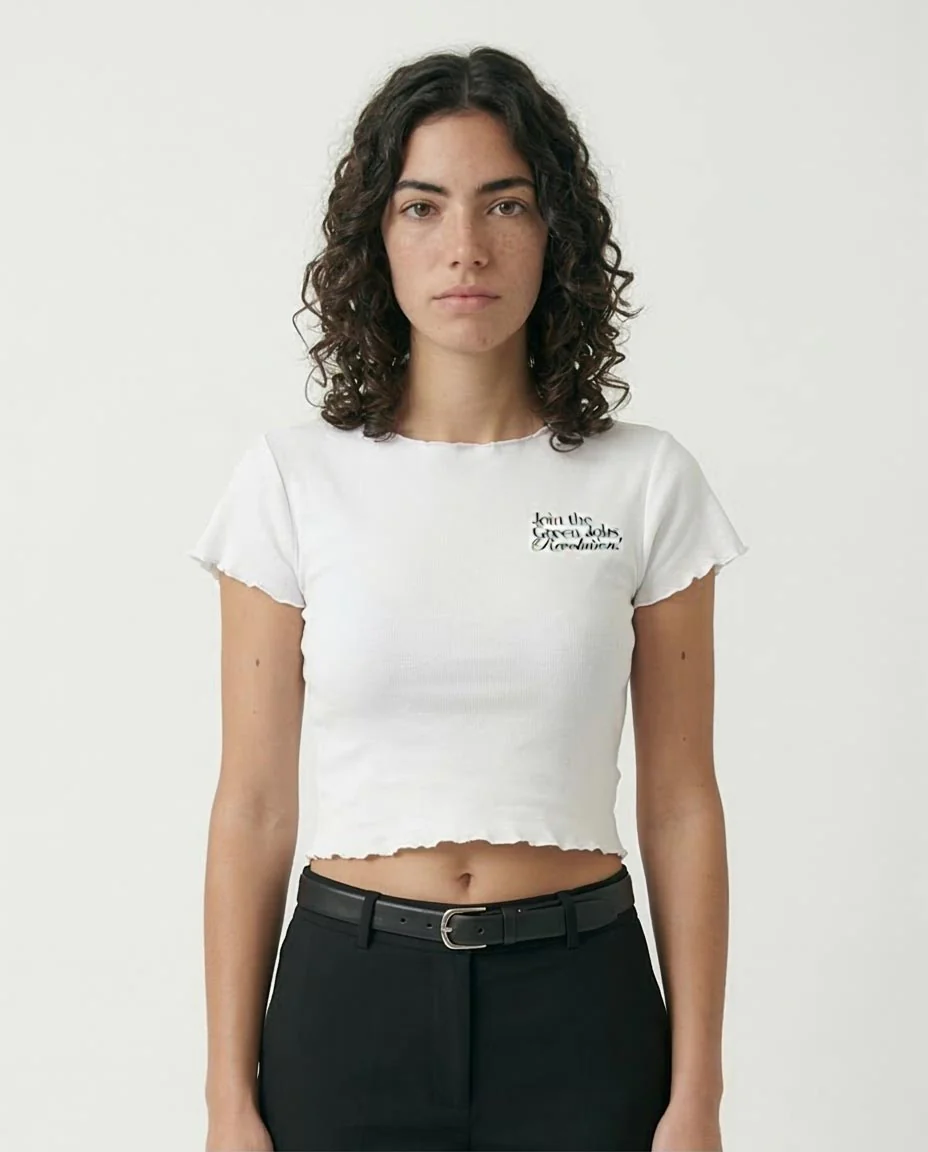 Ravin Women's Lettuce-Edge "Green Jobs Revolution" Cropped Ribbed Tee - White - R205510