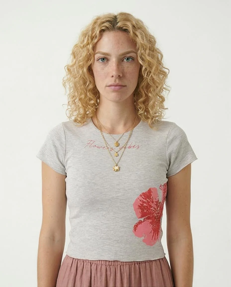 Ravin "Flower Vibes" Hibiscus Crop Tee in Heather Grey - R205513