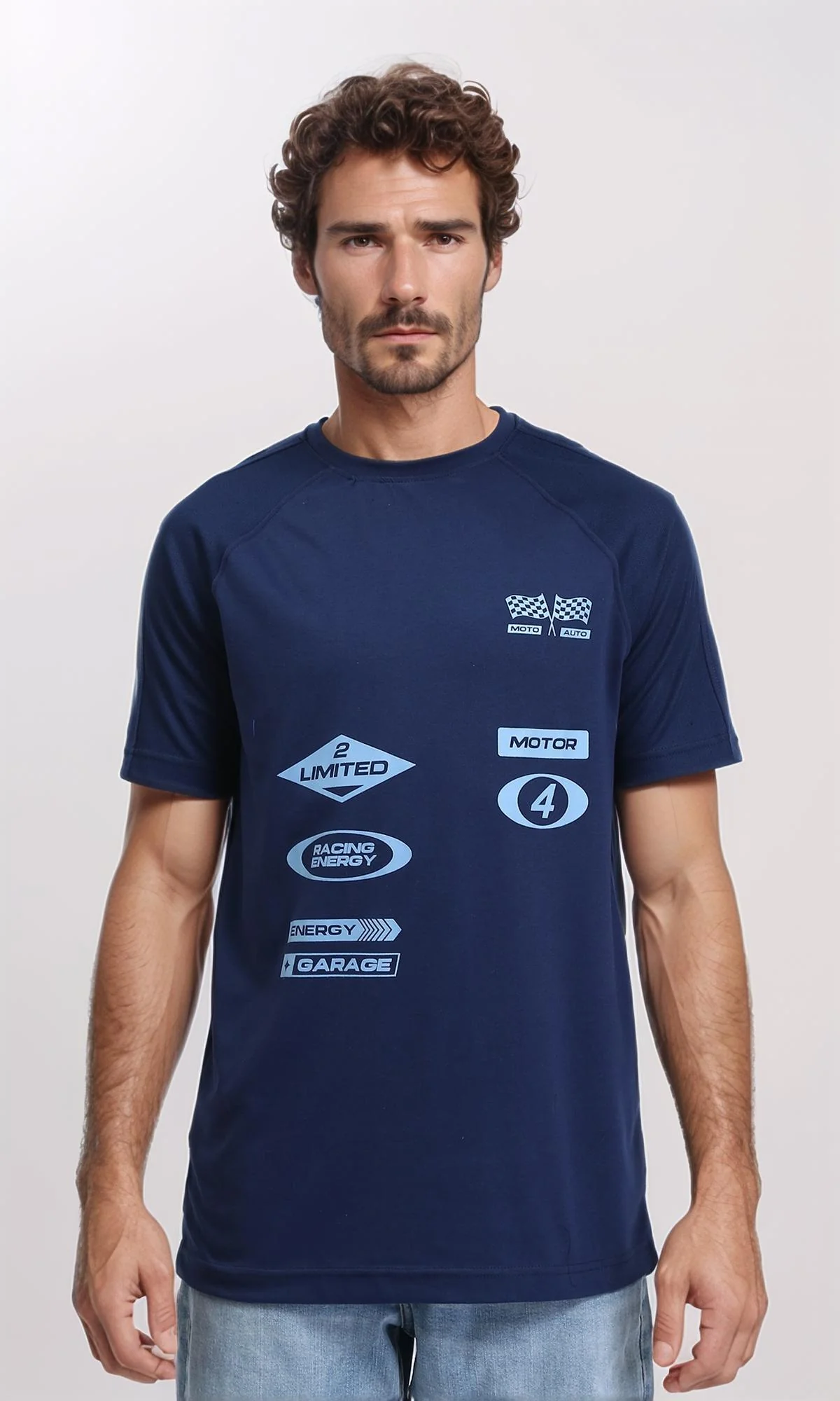 R205842 - Short Sleeves Printed Cotton Tee - Navy Blue