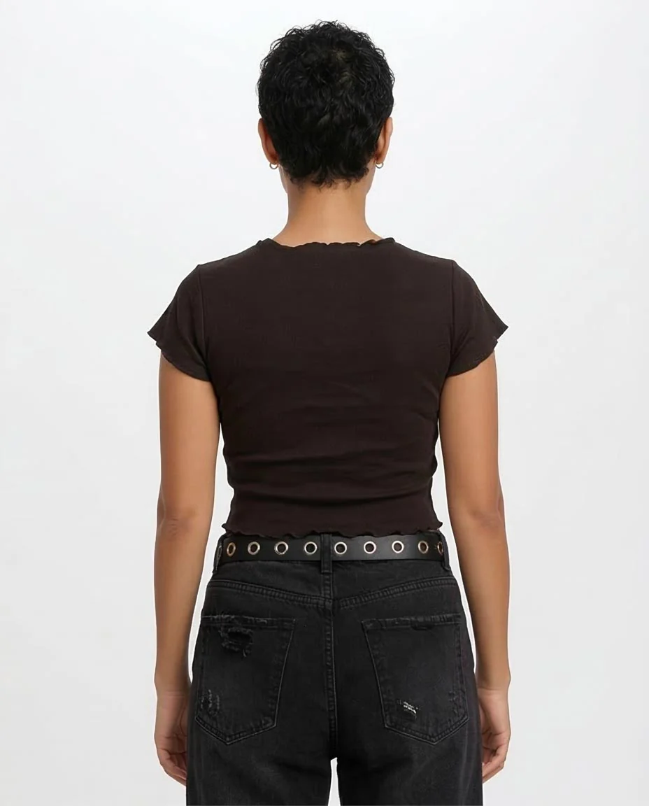 R205866 Ravin Women’s Ivory Palace Lettuce-Trim Cropped Graphic Tee – Black - Image 2