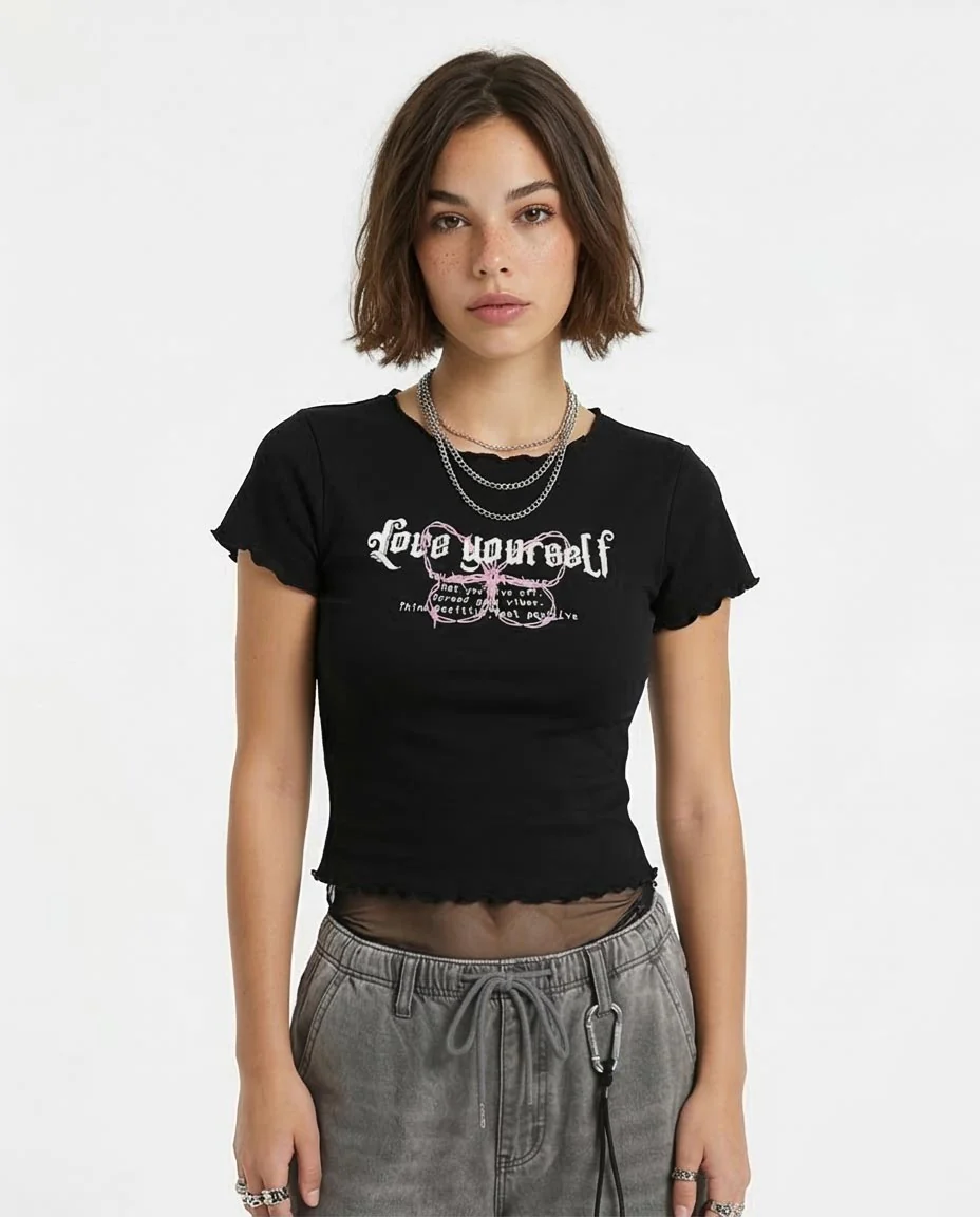 Ravin Women's "Love Yourself" Lettuce-Edge Graphic Baby Tee – Black - R205867