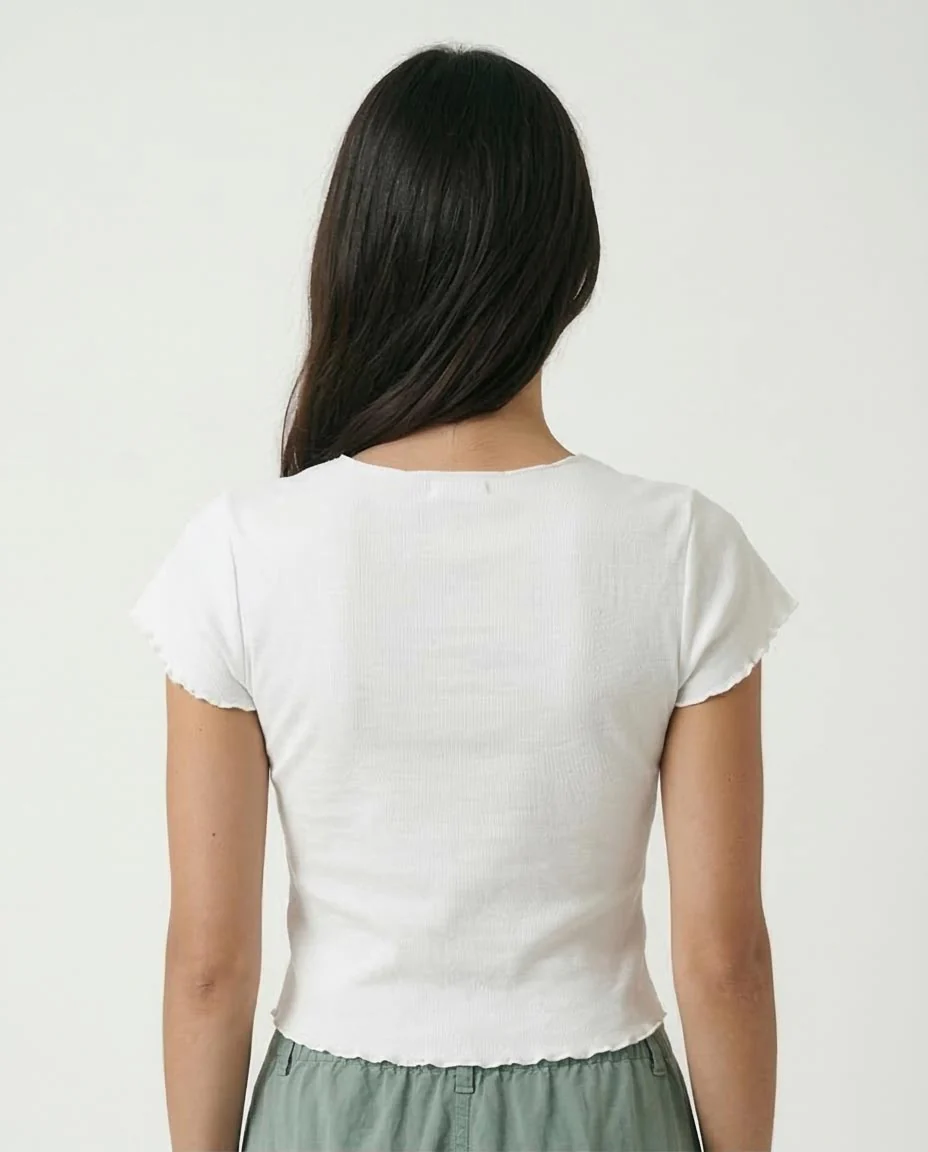 Ravin Women's "Memories" Graphic Baby Tee – Lettuce-Edge Ribbed Crop Top - White - R205870 - Image 2